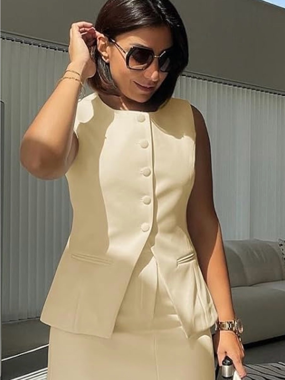 Cream Button-Front Tailored Vest with skirt
